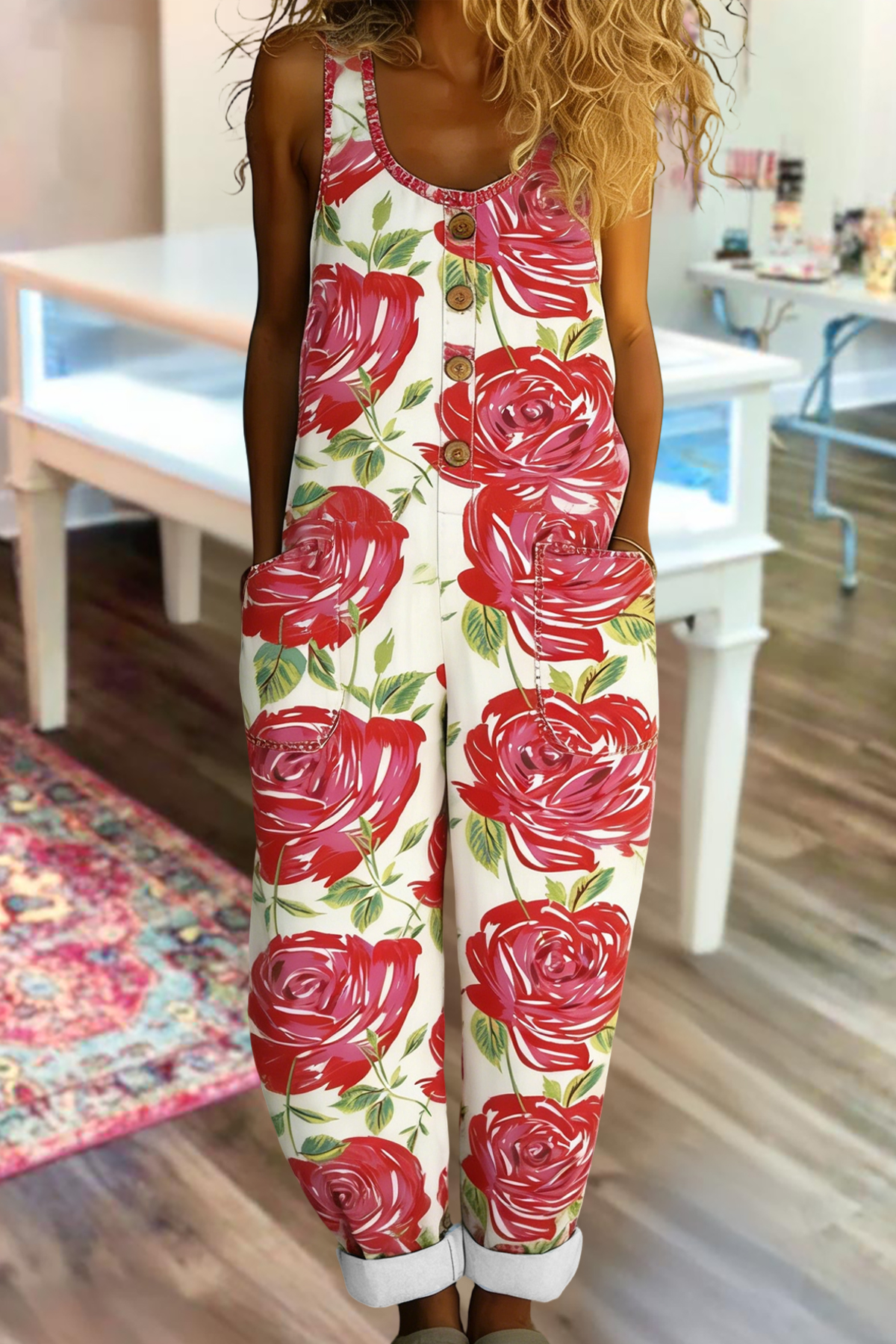 Classic Floral Sleeveless Washed Cotton Overalls