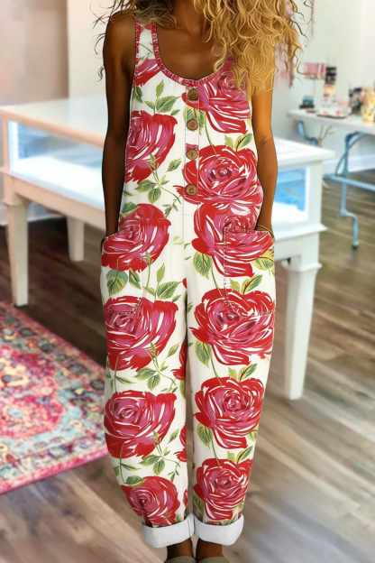 Classic Floral Sleeveless Washed Cotton Overalls
