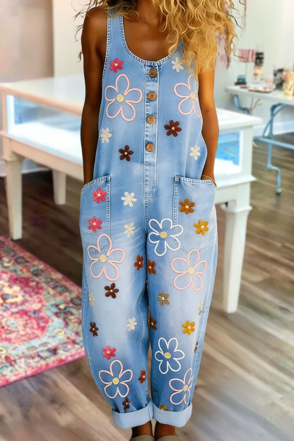 Fresh Sleeveless Washed Cotton Denim Overalls