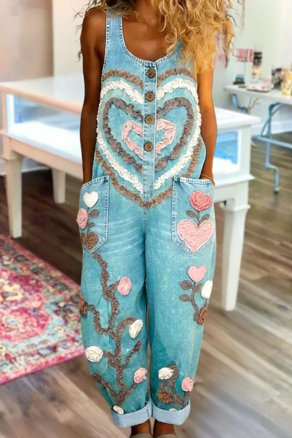 Fresh Heart Flower Sleeveless Washed Cotton Overalls