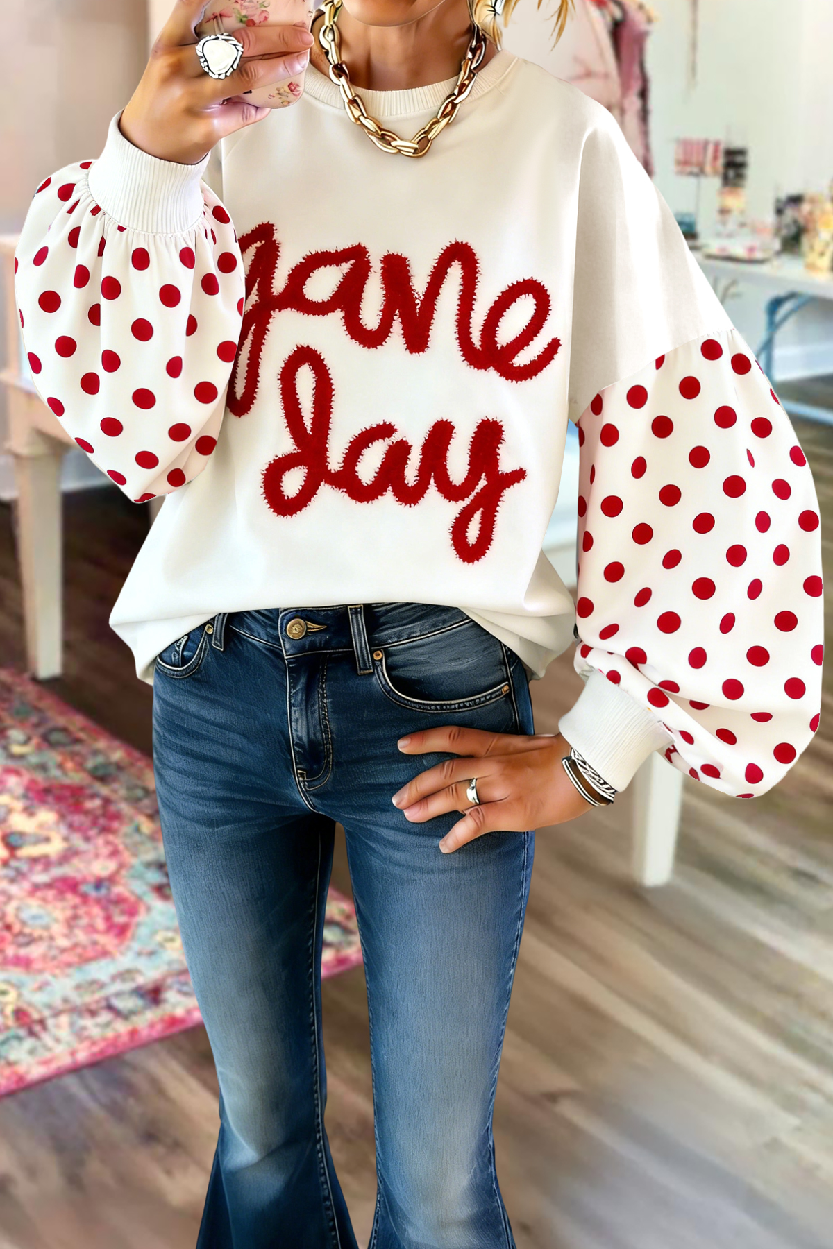 Game Day Polka Dot Lantern Sleeve Sweatshirt