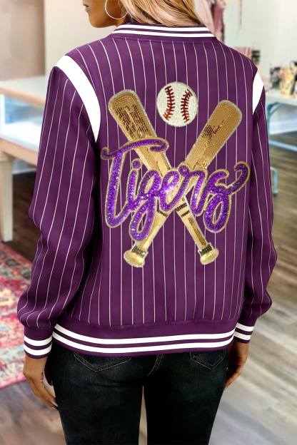 Classic Purple And Gold Tigers Baseball Game Day Striped Bomber Jacket