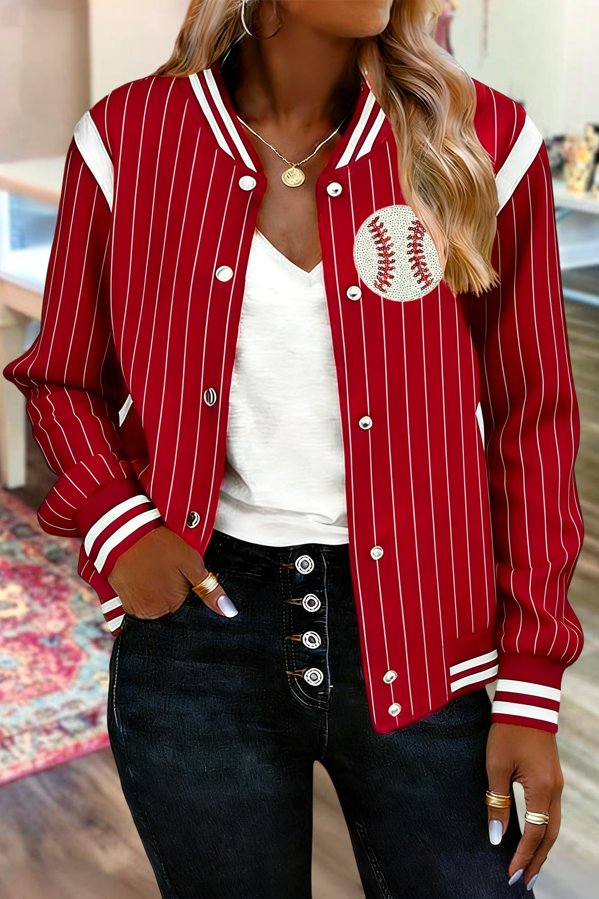 Classic Baseball Game Day Striped Bomber Jacket