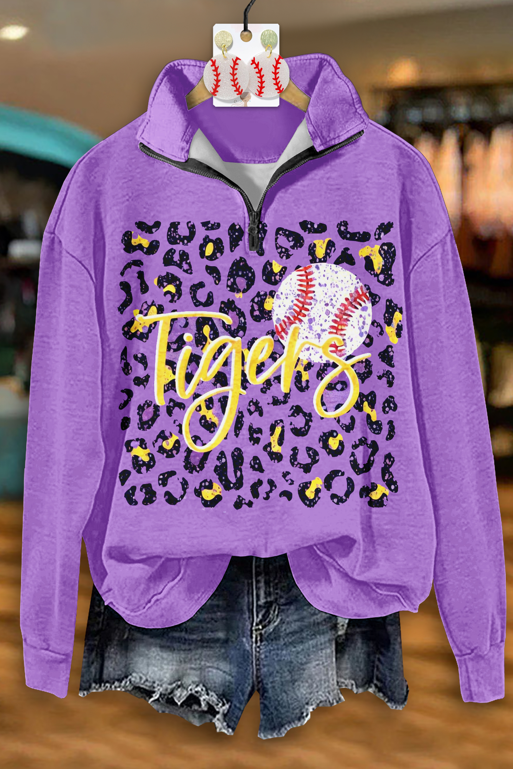 Classic Purple And Gold Tiger Baseball Game Day Leopard Print Zip-Up Sweatshirt
