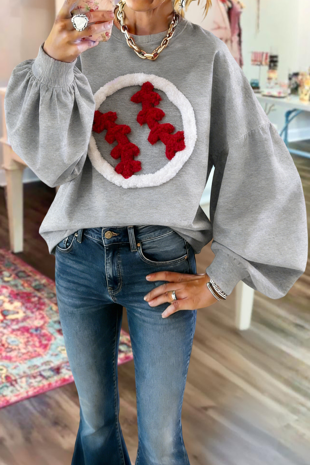 Baseball Game Day Lantern Sleeve Sweatshirt