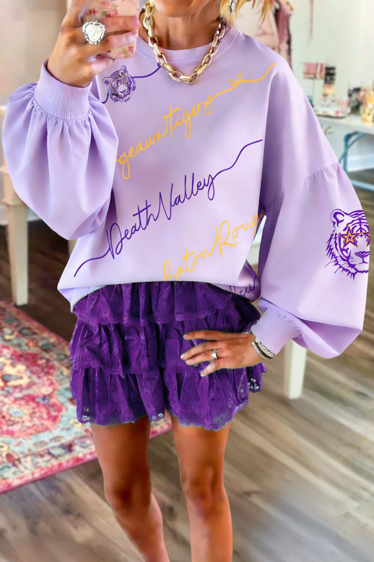 Purple And Gold Tiger Lantern Sleeve Sweatshirt