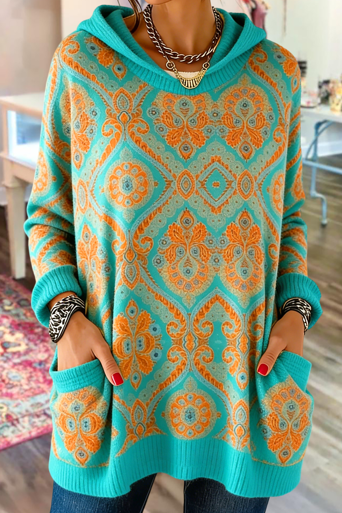 Vintage Printed Hooded Sweater