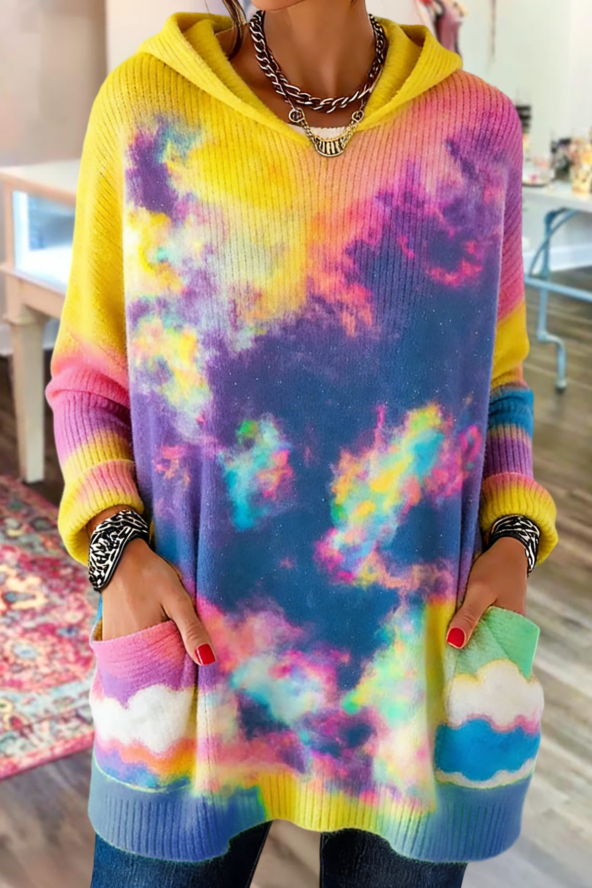 Unique Nebula Gradient Print Hooded Sweater