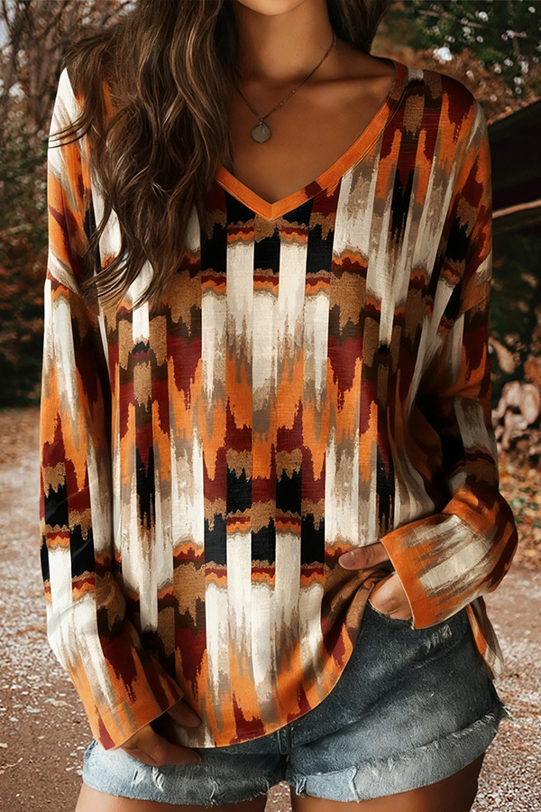 Vintage Printed V-Neck Cotton T-Shirt