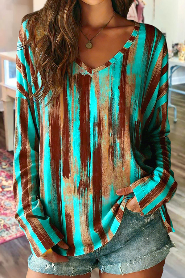 Vintage Print V-Neck Cotton T-Shirt