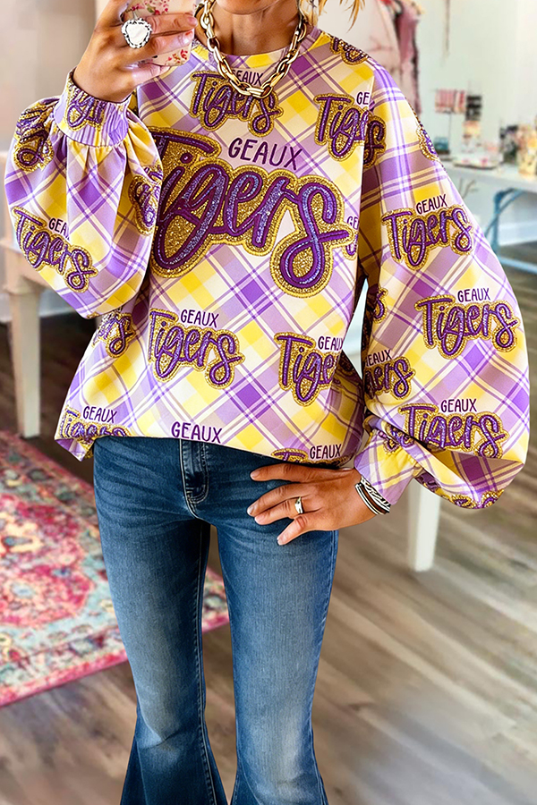 Purple Gold Tigers Game Day Plaid Lantern Sleeve Sweatshirt