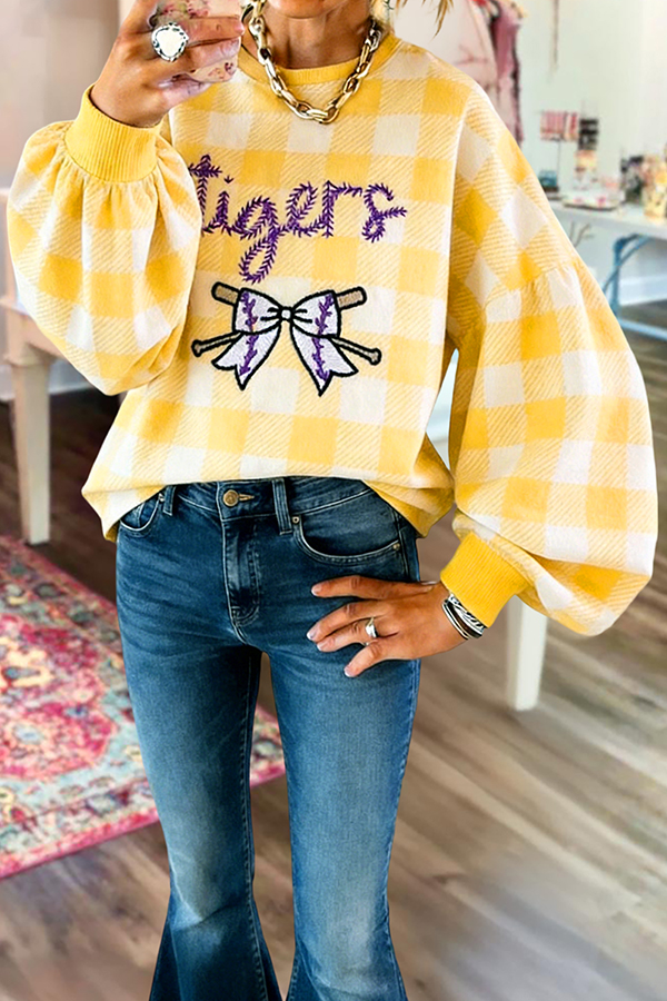 Purple Gold Tigers Baseball Game Day Lantern Sleeve Sweatshirt