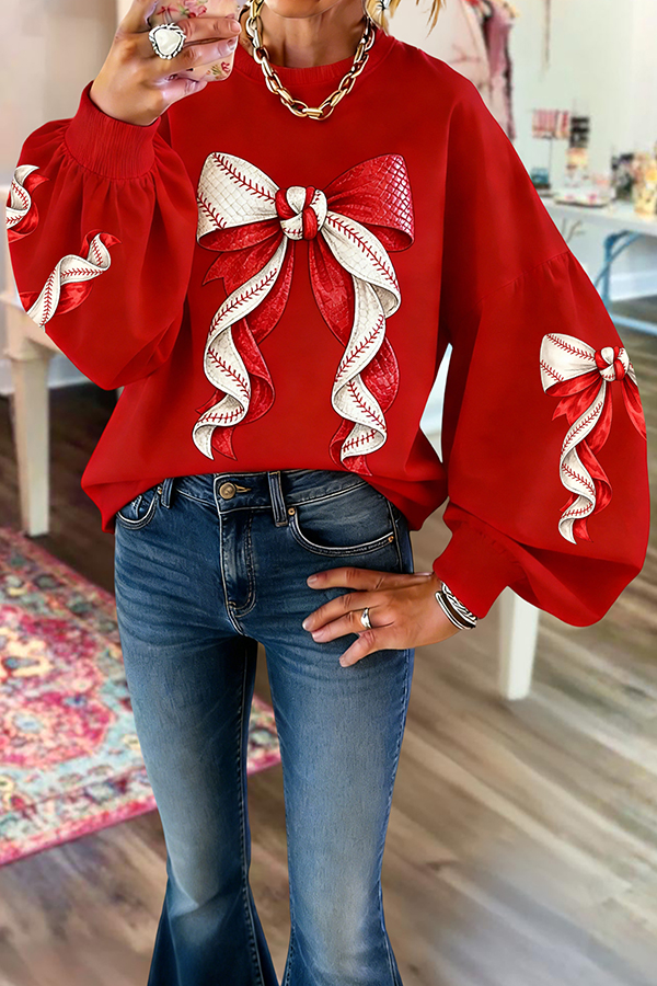 Classic Baseball Game Day Bow Lantern Sleeve Sweatshirt
