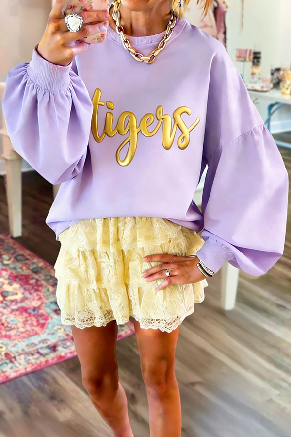 Purple Gold Tigers Game Day Lantern Sleeve Sweatshirt