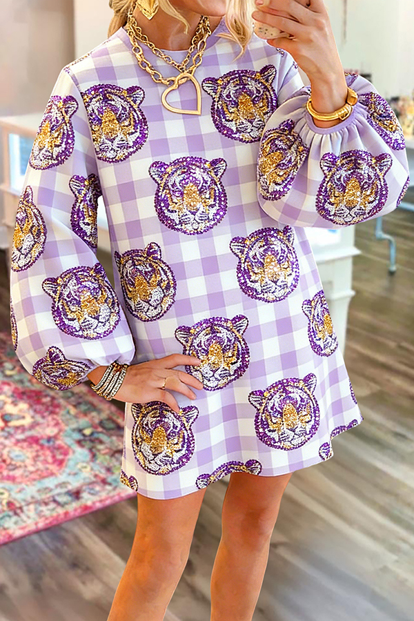 Purple Gold Tigers Game Day Plaid Sweatshirt Dress