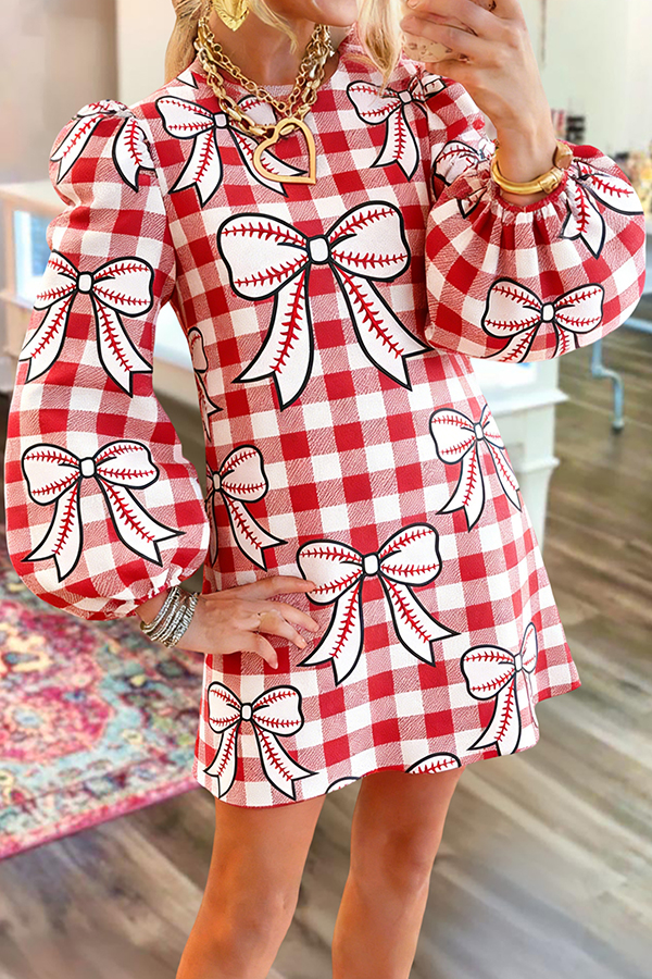 Cute Baseball Game Day Bow Plaid Sweatshirt Dress
