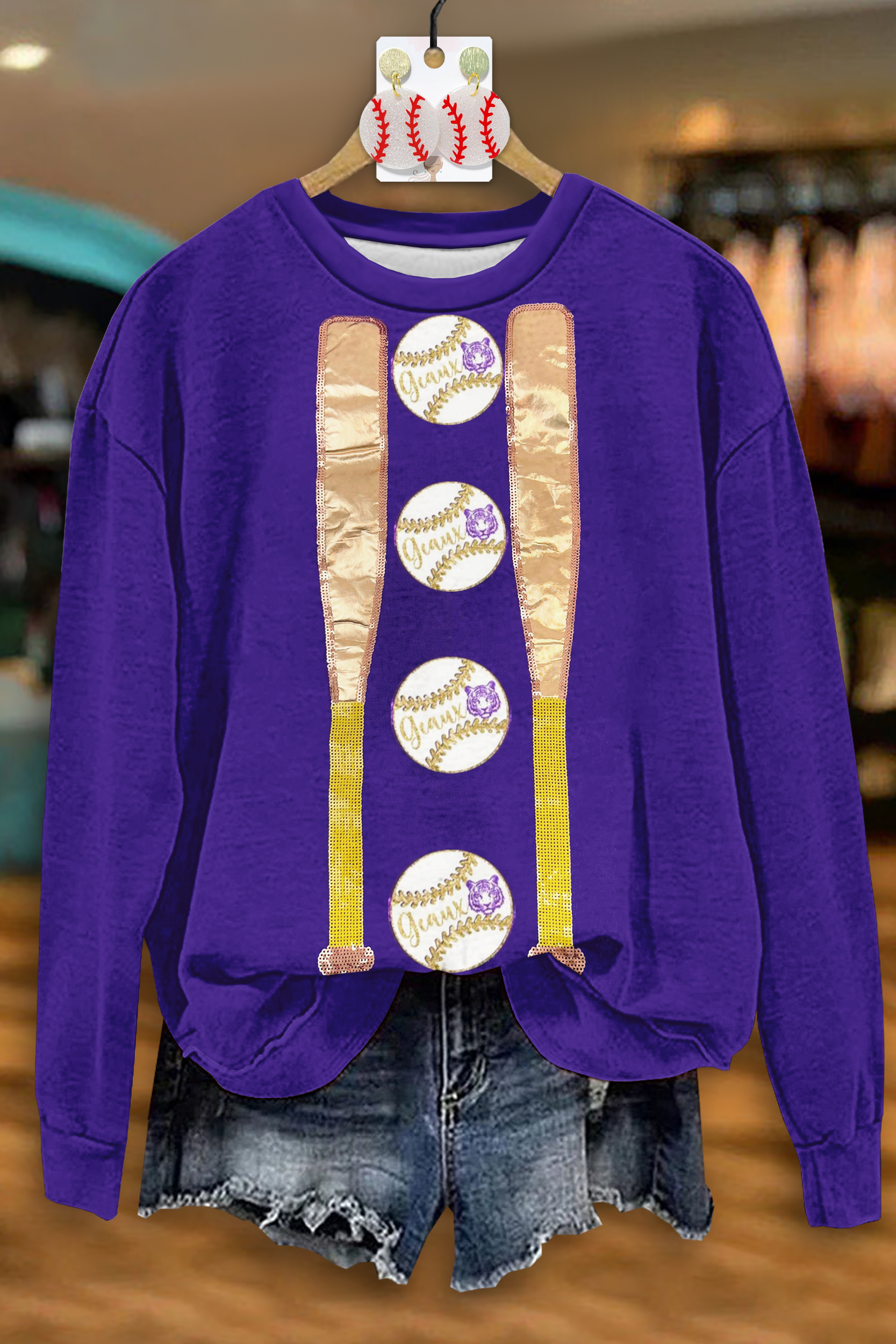 Casual Purple Gold Baseball Game Day Sweatshirt