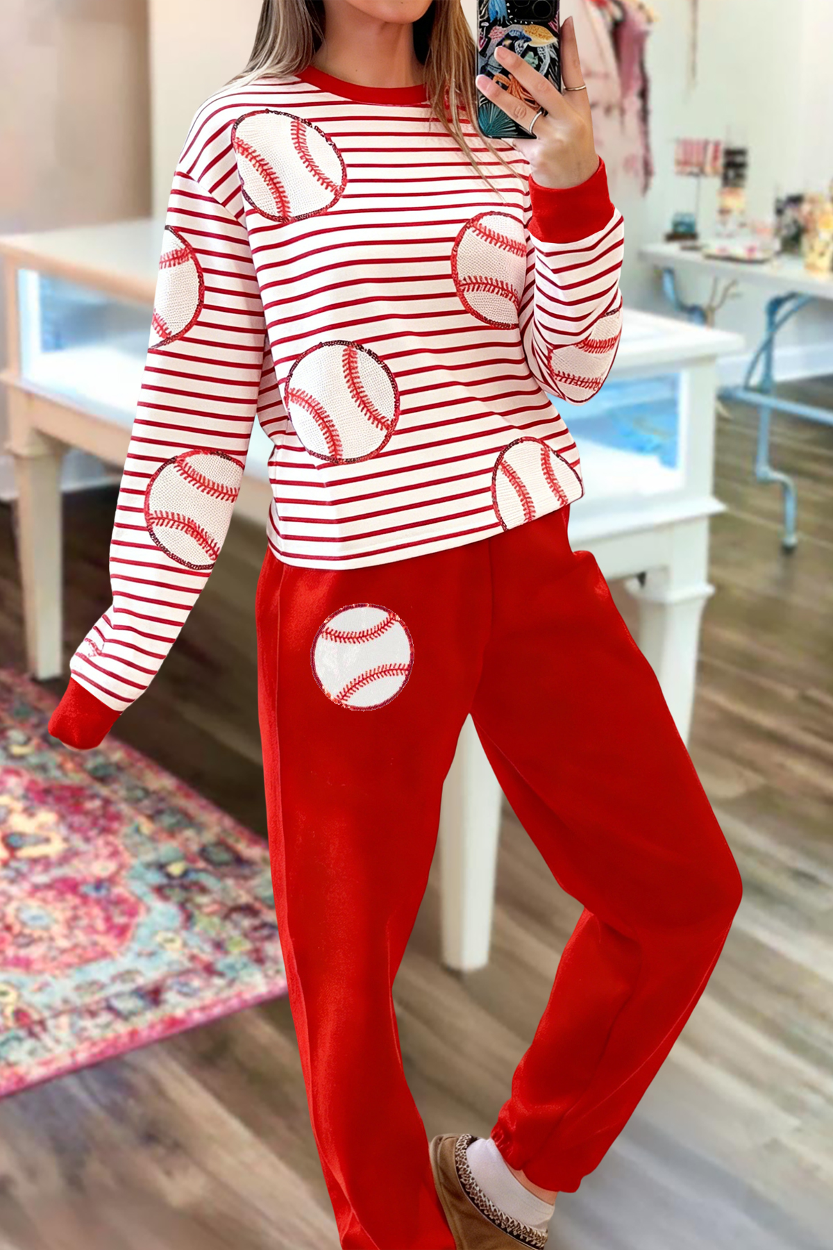 Casual Baseball Game Day Striped Top & Pants Two-Piece Set