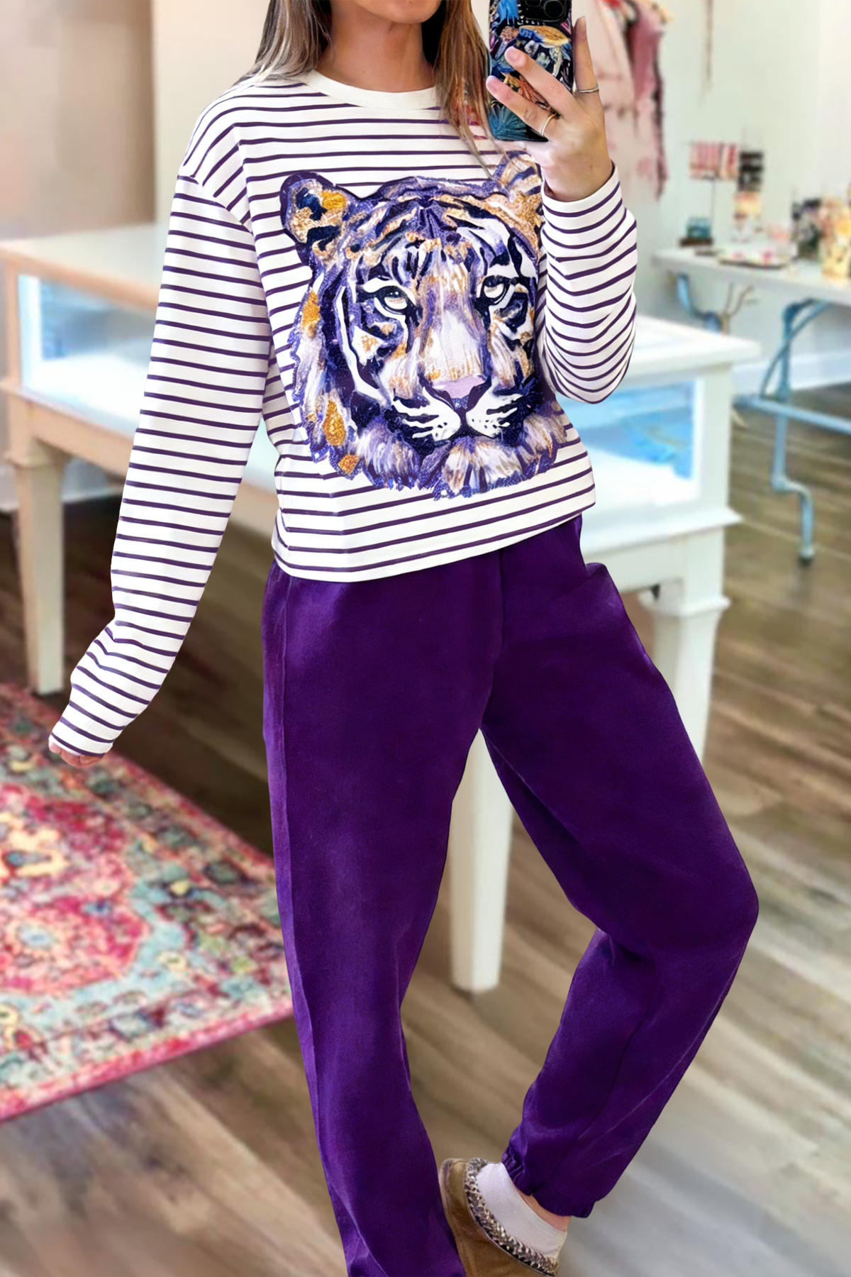 Casual Purple Gold Tigers Game Day Striped Top & Pants Two-Piece Set