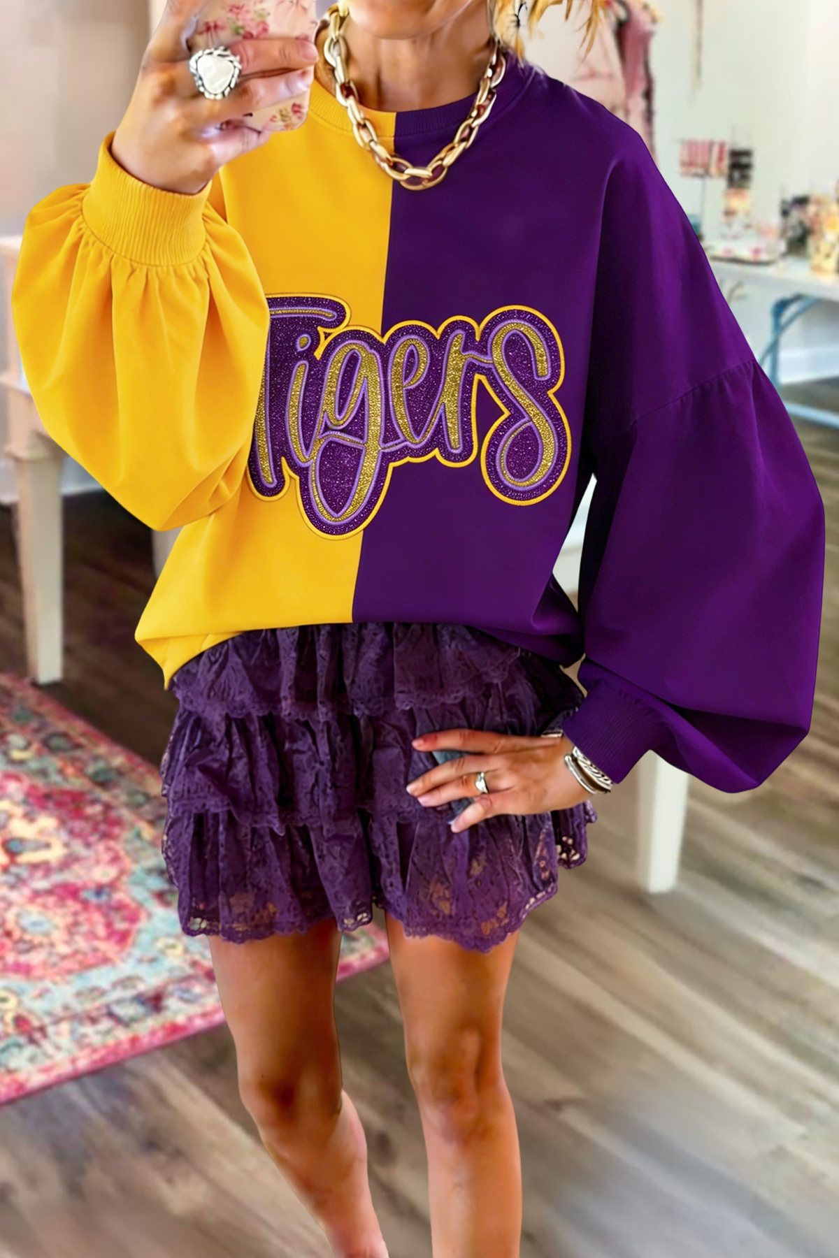Purple Gold Tigers Game Day Color Block Lantern Sleeve Sweatshirt