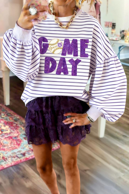 Purple Gold Tigers Baseball Game Day Striped Lantern Sleeve Sweatshirt