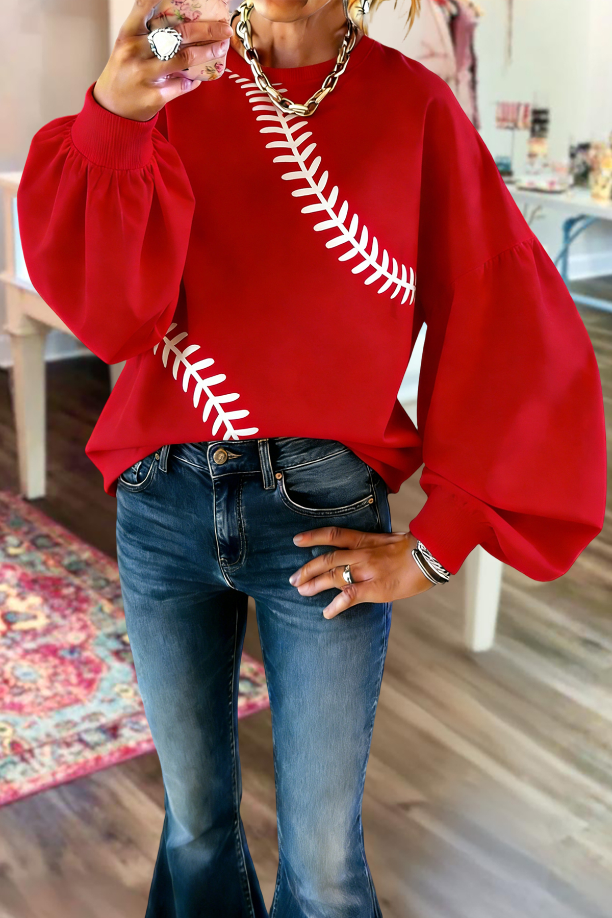 Classic Baseball Game Day Lantern Sleeve Sweatshirt