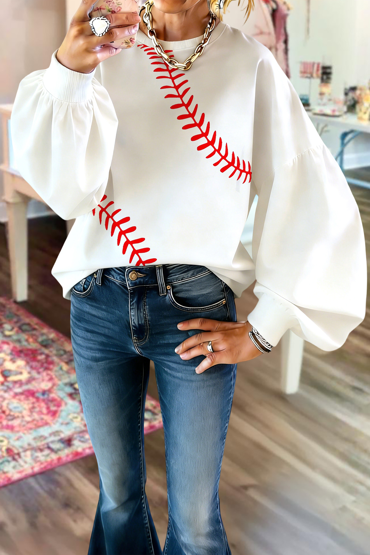 Classic Baseball Game Day Lantern Sleeve Sweatshirt