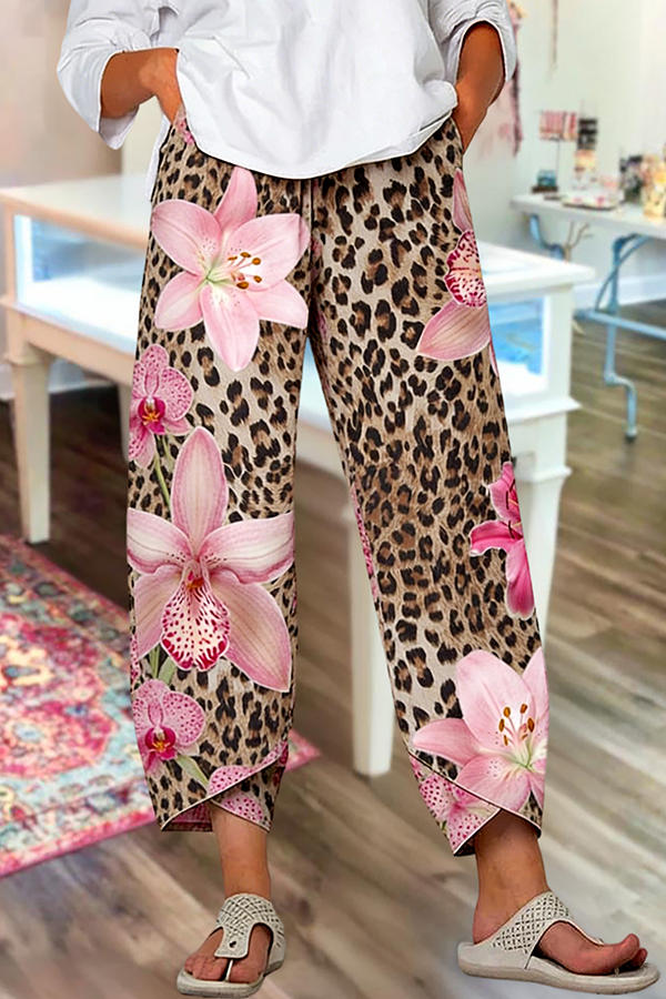 Leopard Floral Loose Cotton Linen Cropped Pants