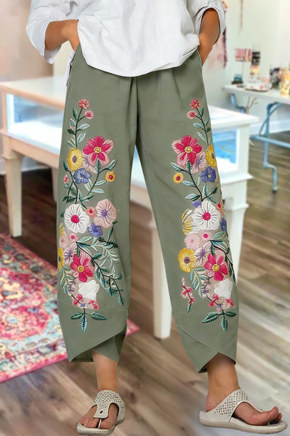 Classic Floral Loose Cotton Linen Cropped Pants