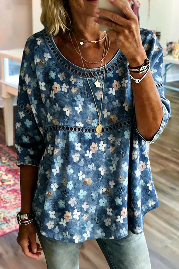 Vintage Floral Print Round Neck Cotton Linen Top