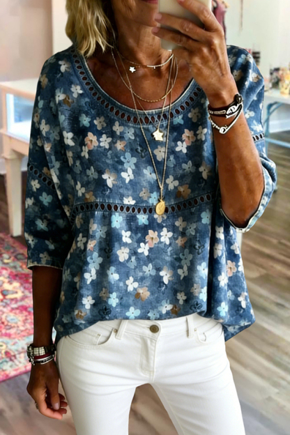 Vintage Floral Print Round Neck Cotton Linen Top