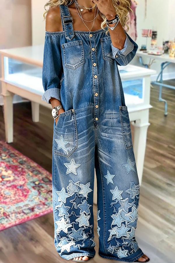 Unique Star USA Long-Sleeve Washed Cotton Denim Jumpsuit