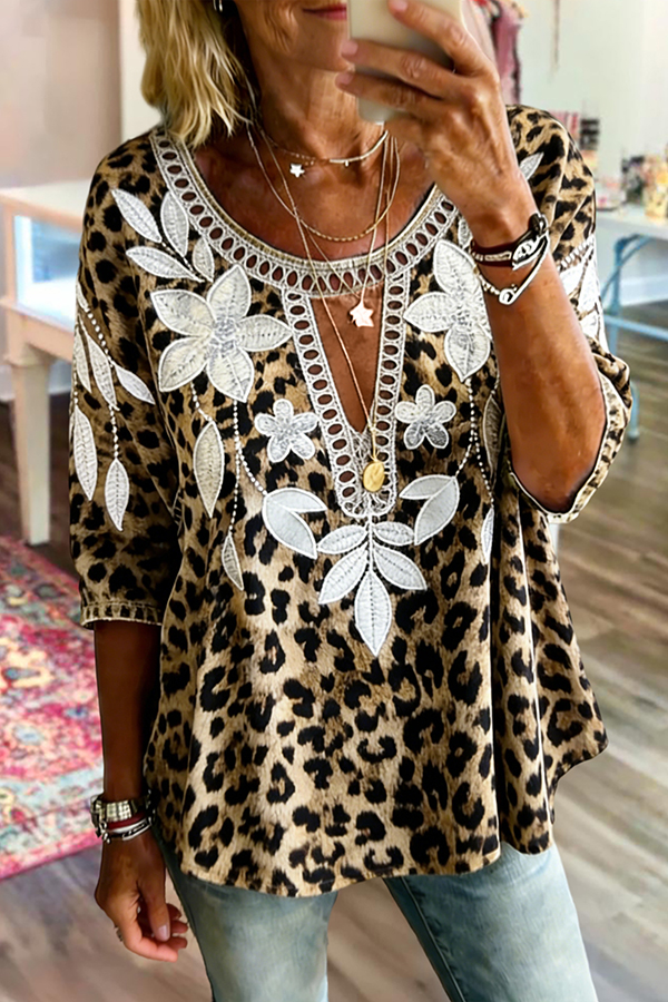 Retro Leopard Floral Cutout Blouse