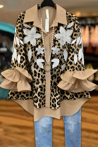 Retro Leopard Floral Ruffle Blouse