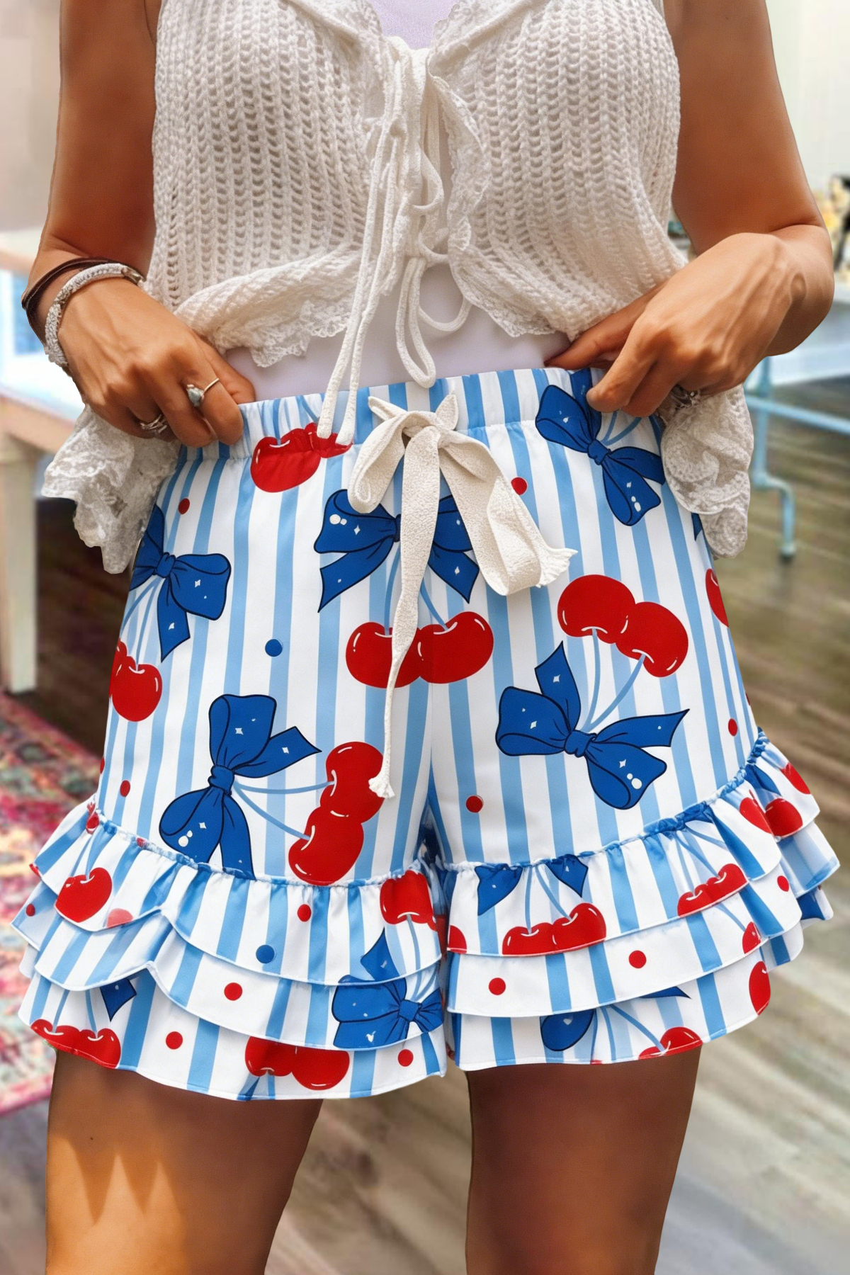 USA Cherry Stripe Multi-Layer Ruffle Shorts