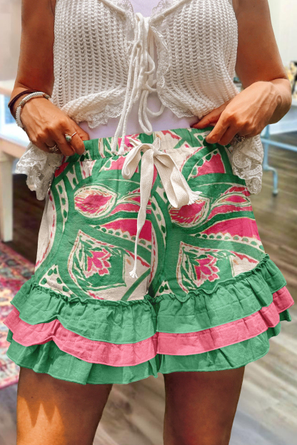 Fresh Abstract Print Multi-Layer Ruffle Shorts