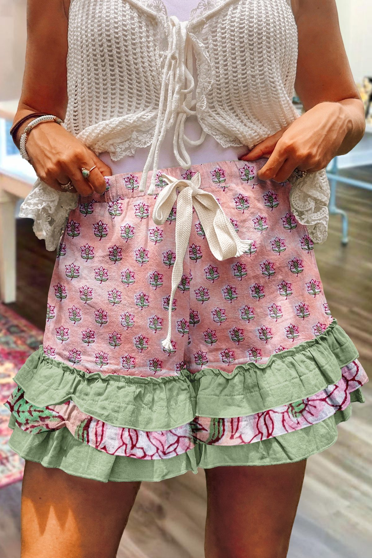 Sweet Floral Multi-Layer Ruffle Shorts