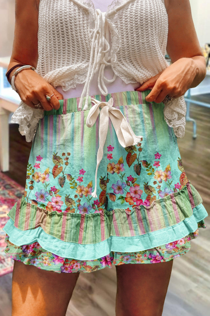 Fresh Floral Gradient Multi-Layer Ruffle Shorts