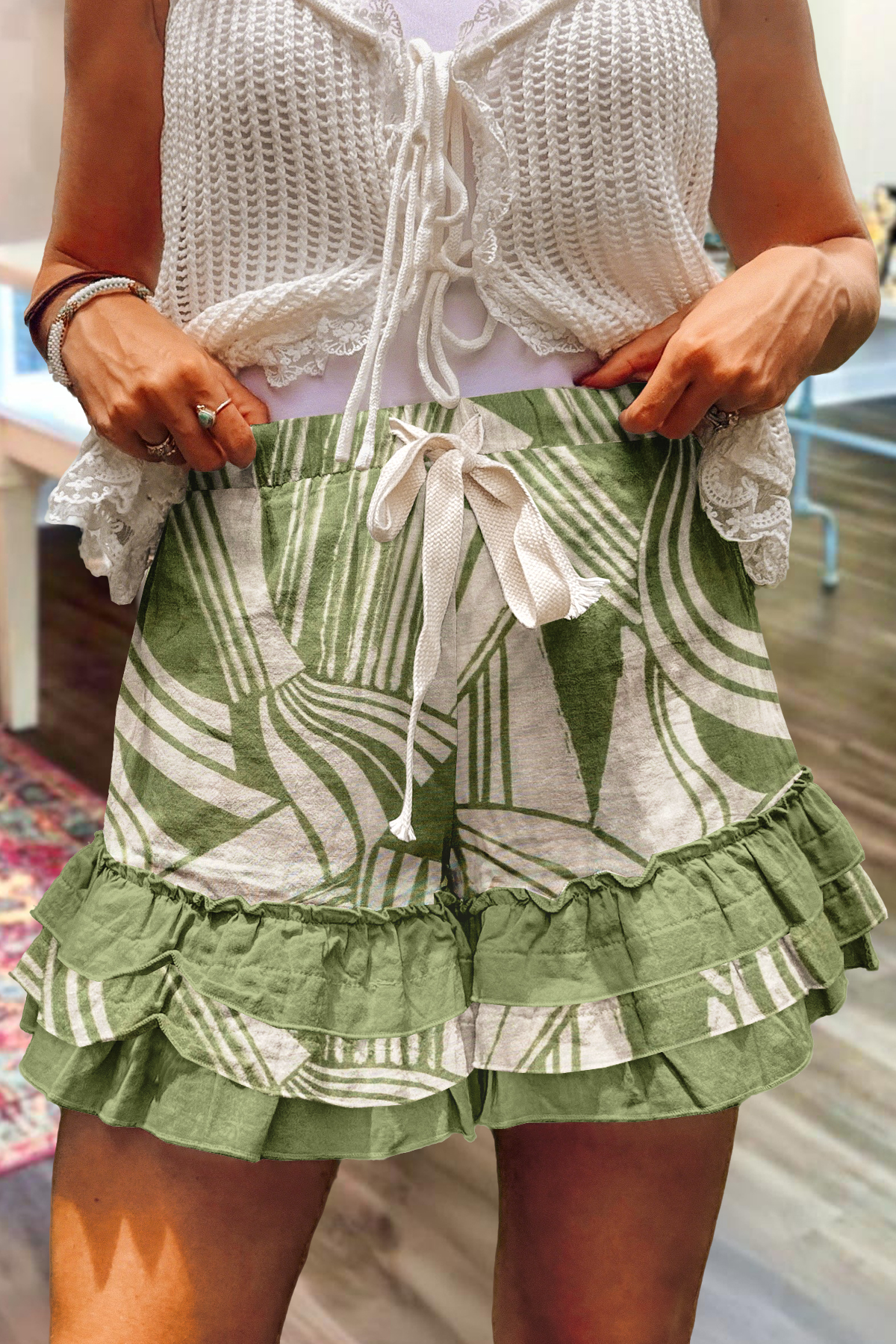 Abstract Print Color Block Multi-Layer Ruffle Shorts