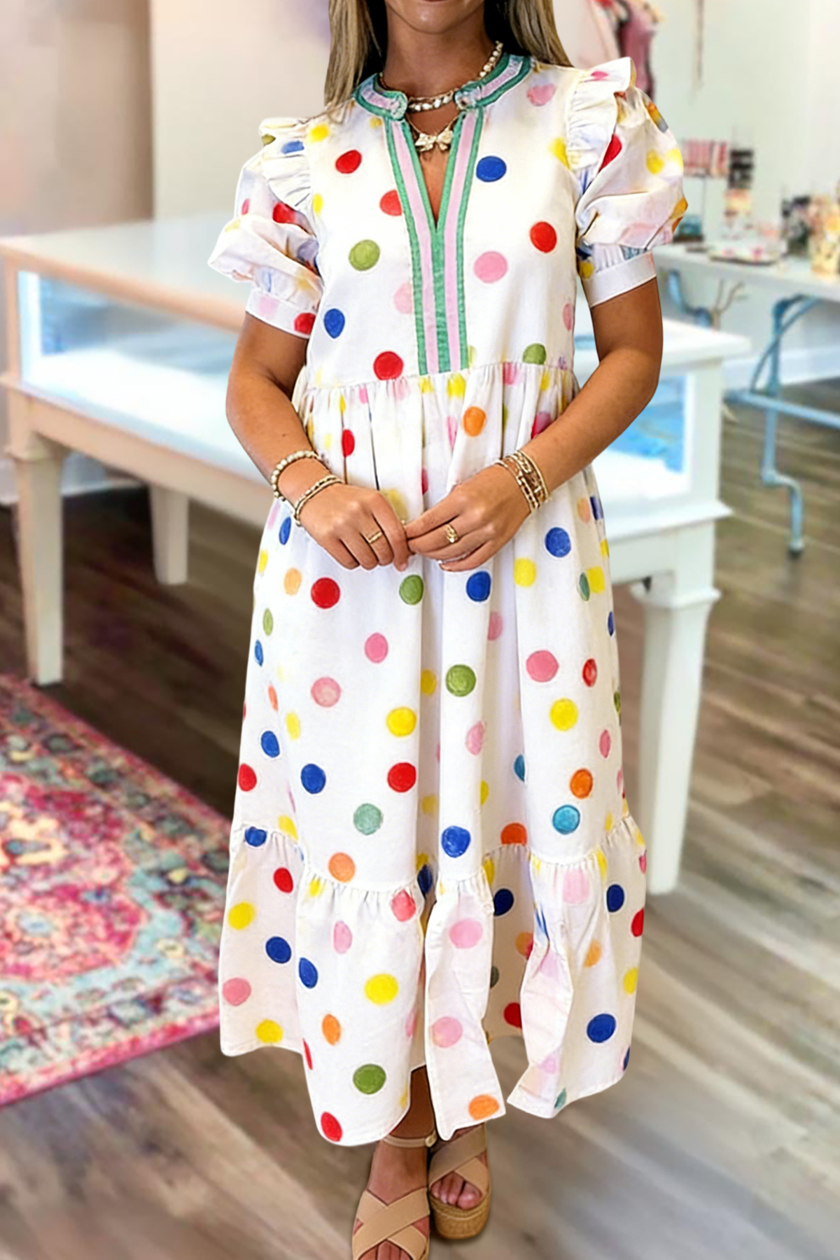 Colorful Polka Dot V-Neck Maxi Dress