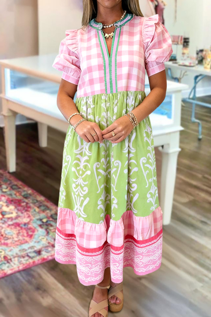 Plaid Leaf Color Block V-Neck Maxi Dress