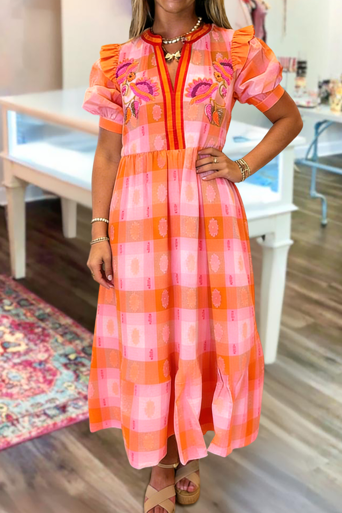 Flower Plaid V-Neck Maxi Dress