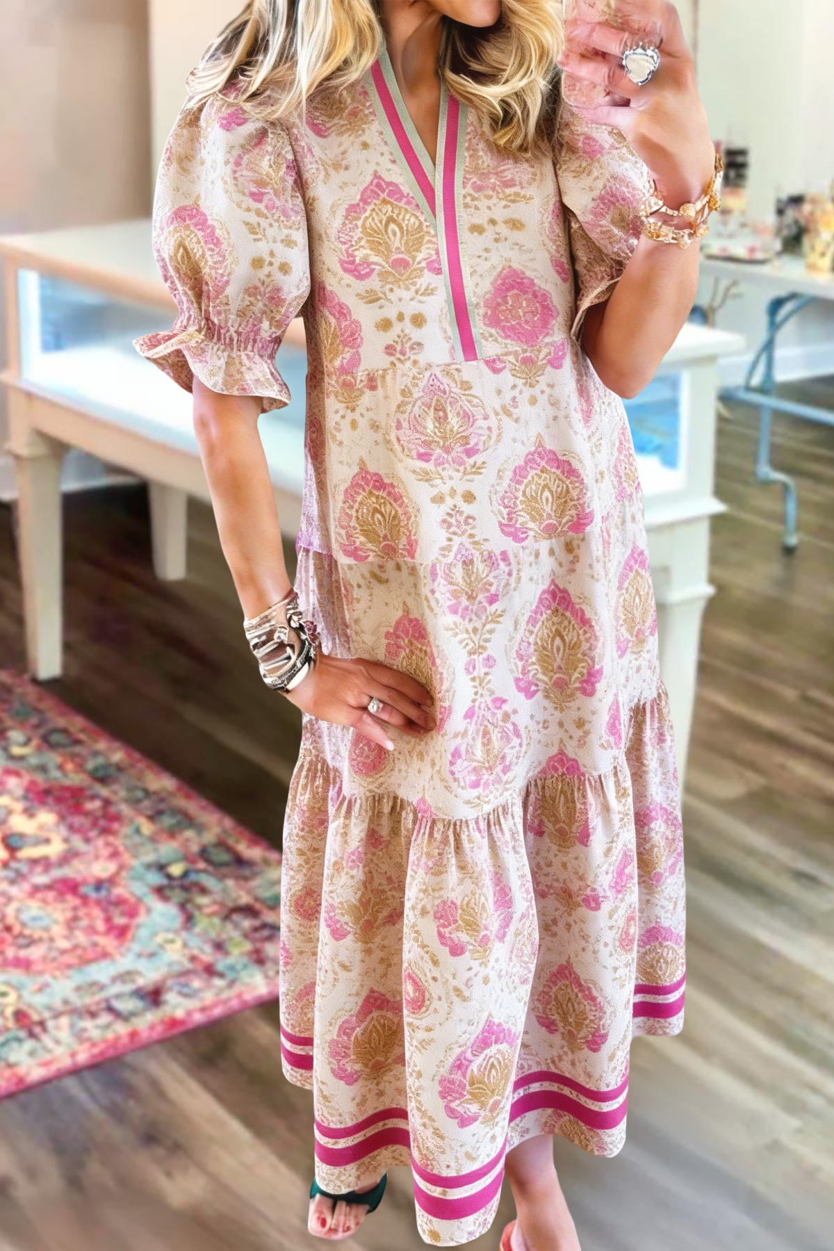 Vintage Print V-Neck Maxi Dress