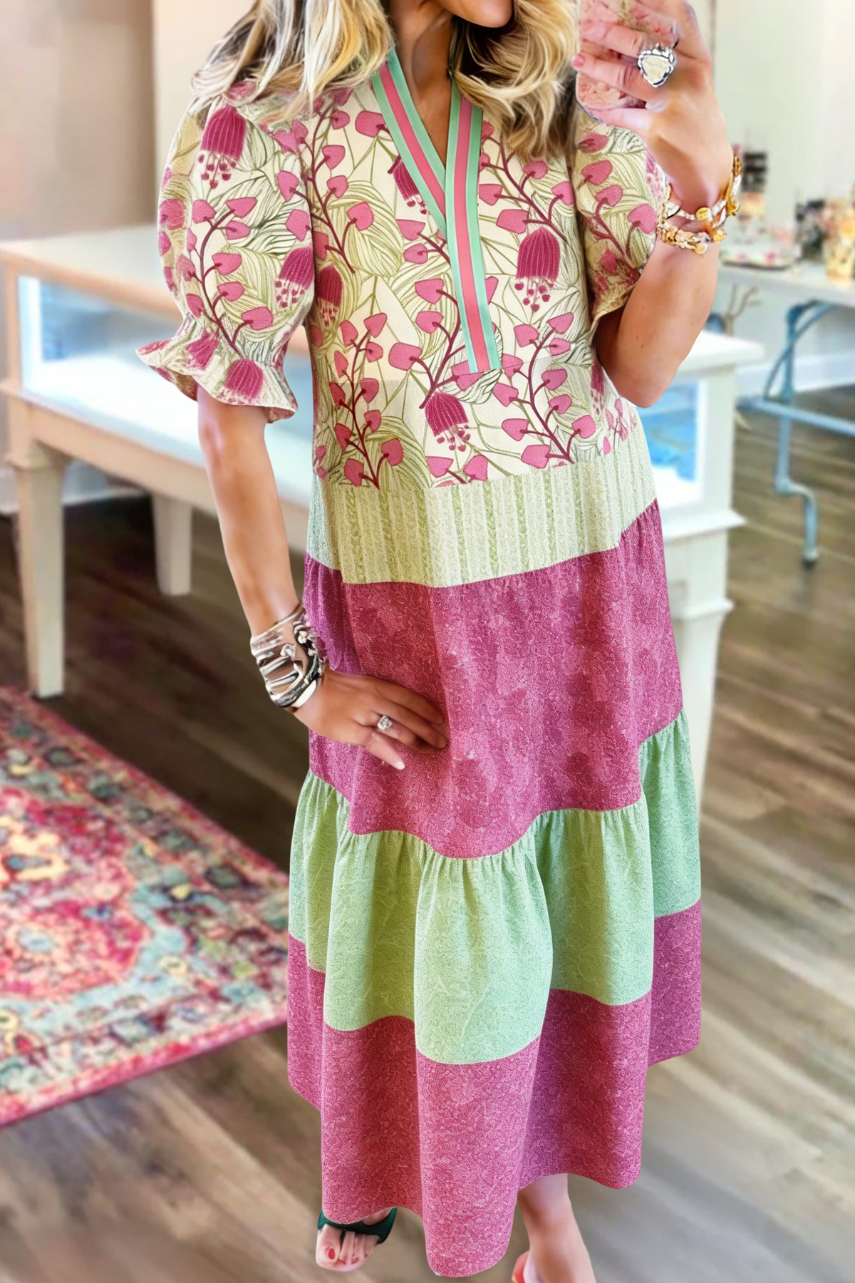 Color Block Plant Print V-Neck Maxi Dress