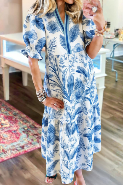 Fresh Leaf Print V-Neck Maxi Dress