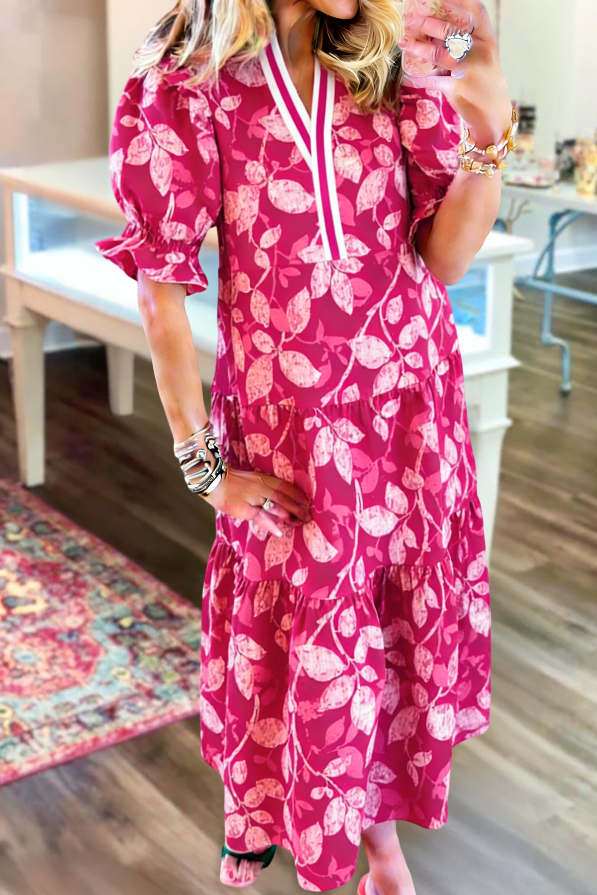 Classic Leaf Print V-Neck Maxi Dress