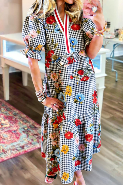 Classic Plaid Floral V-Neck Maxi Dress
