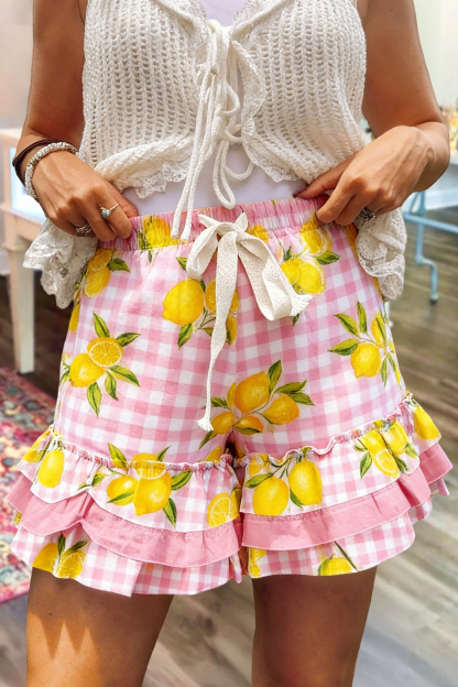 Sweet Plaid Lemon Print Multi Layer Ruffle Shorts
