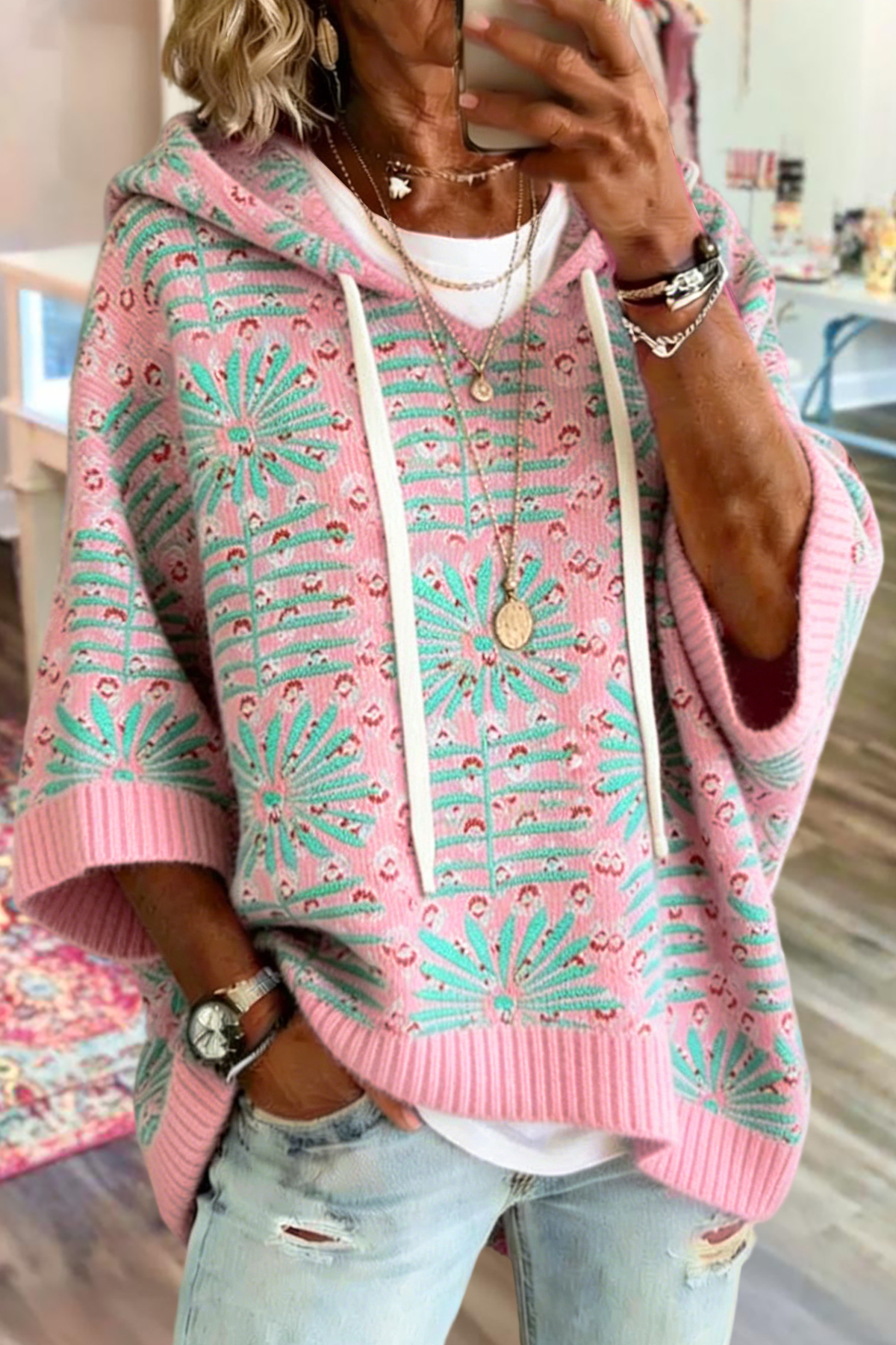 Leopard Plant Print Hooded Sweater