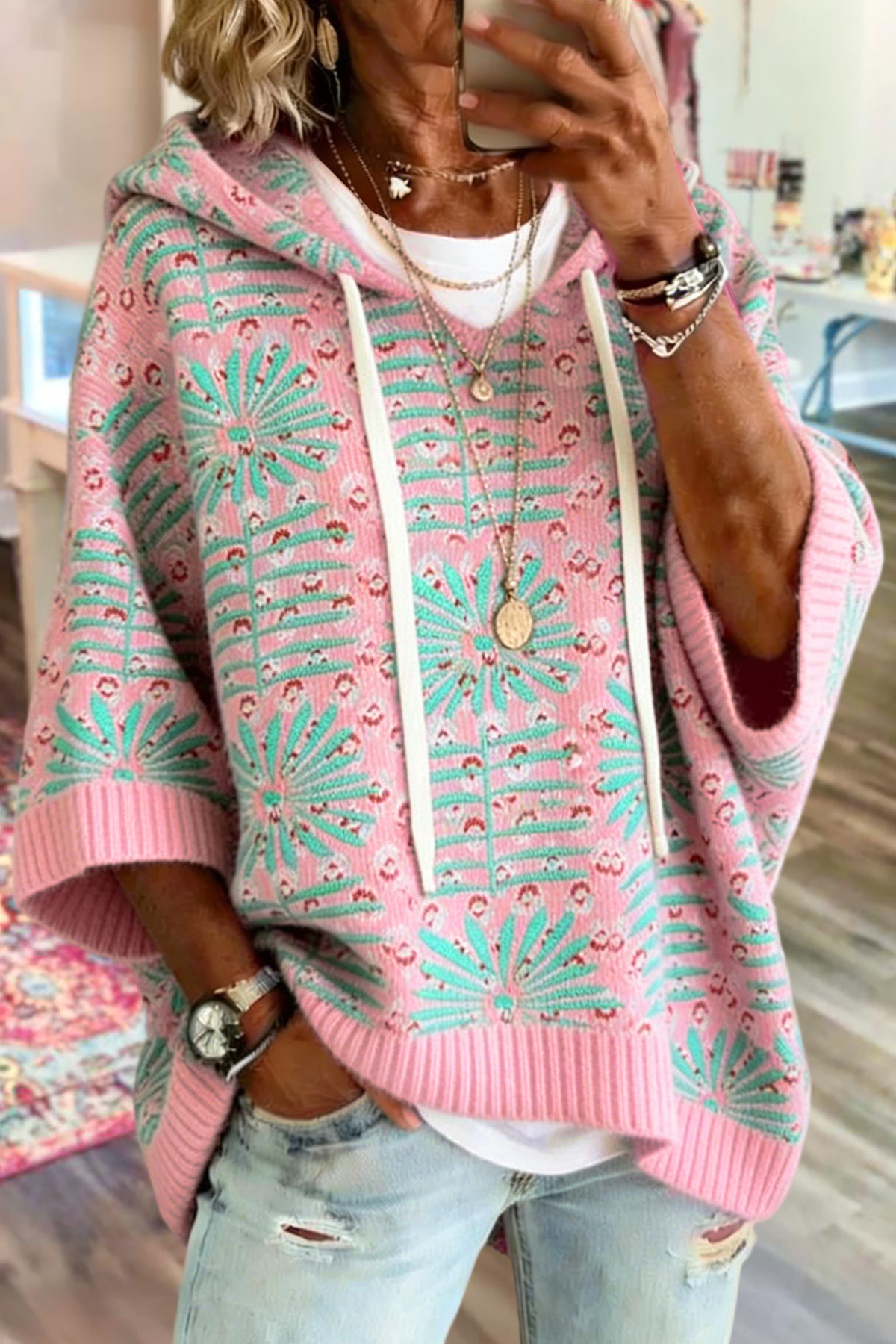 Leopard Plant Print Hooded Sweater